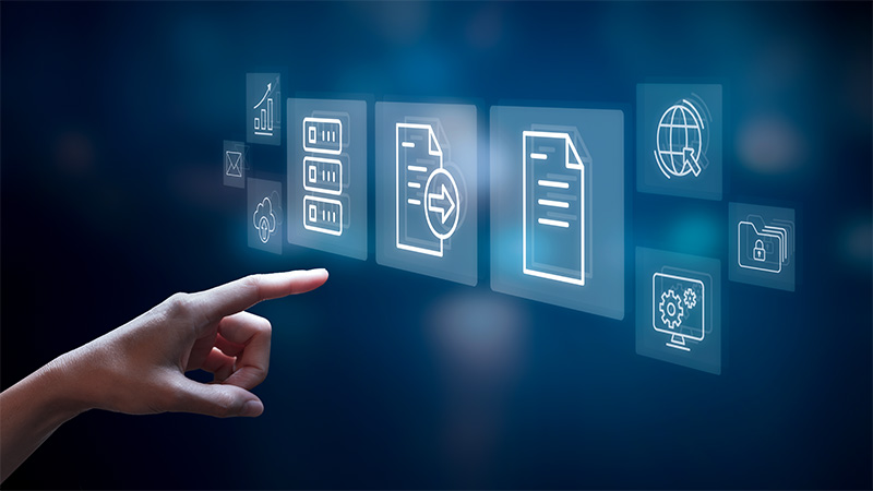 A hand reaching into a field of connected healthcare data records.